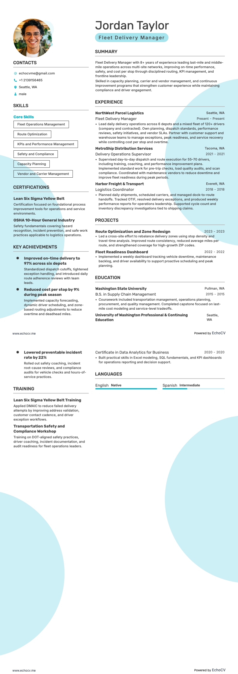 차량 배송 관리자 example resume
