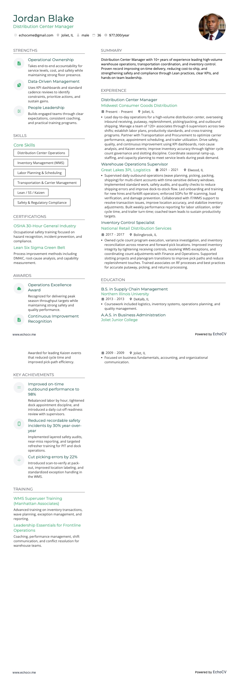 Distribution Center Manager example resume