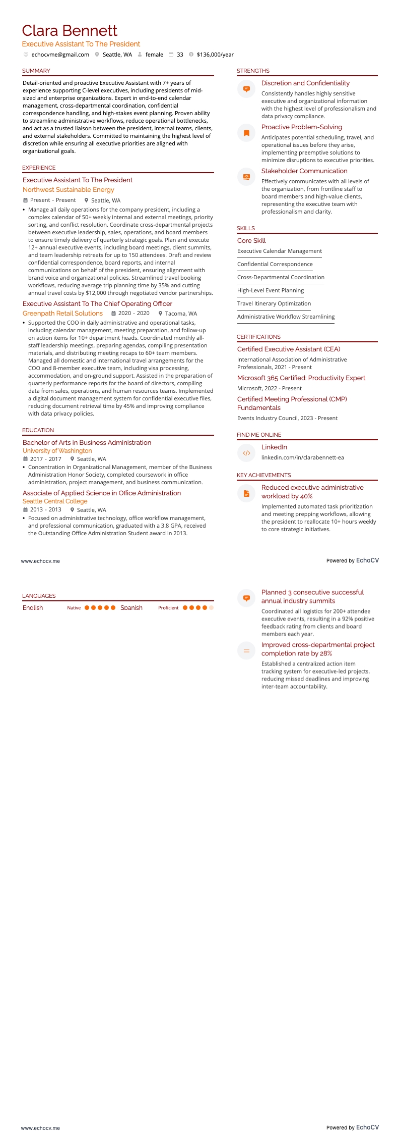 Executive Assistant To The President example resume