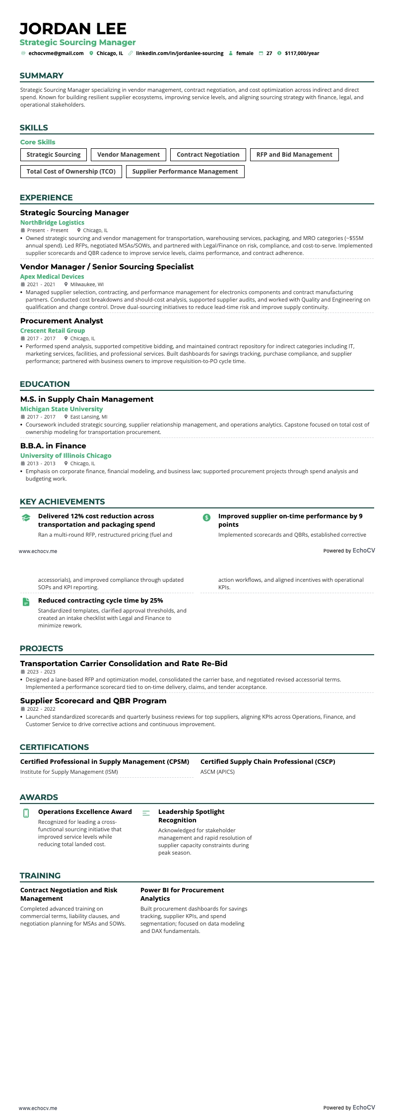 Strategic Sourcing Manager example resume