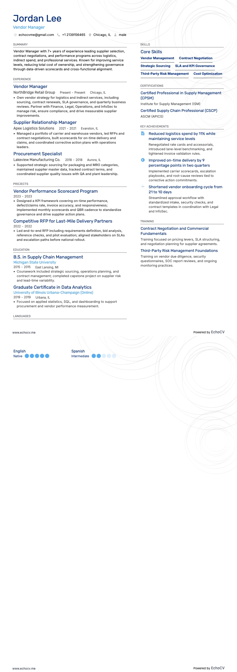 Vendor Manager example resume