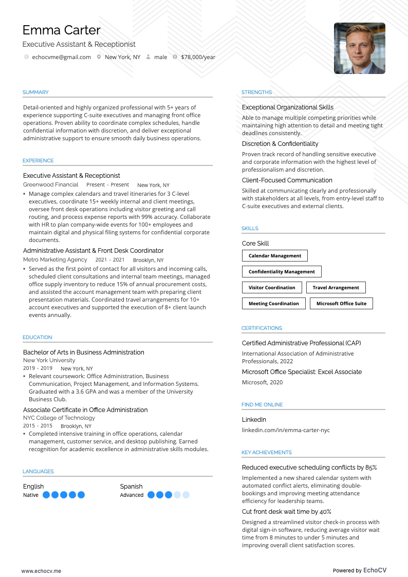 Executive Assistant & Receptionist example resume