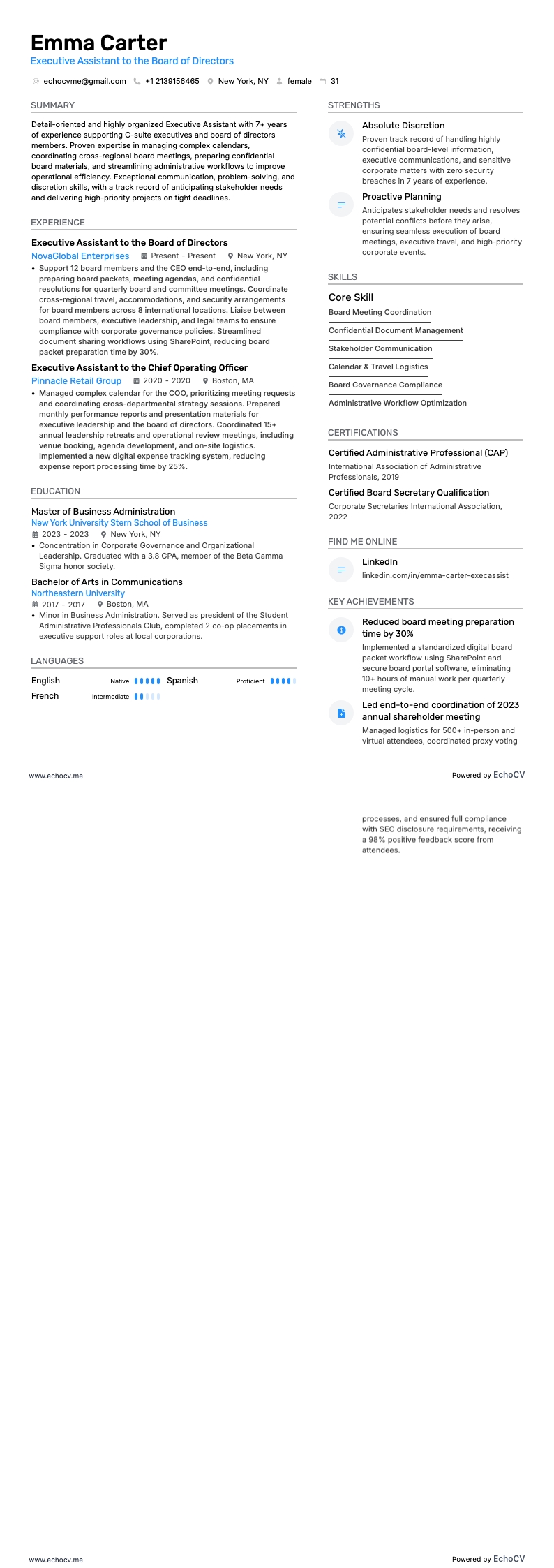 Executive Assistant to the Board of Directors example resume