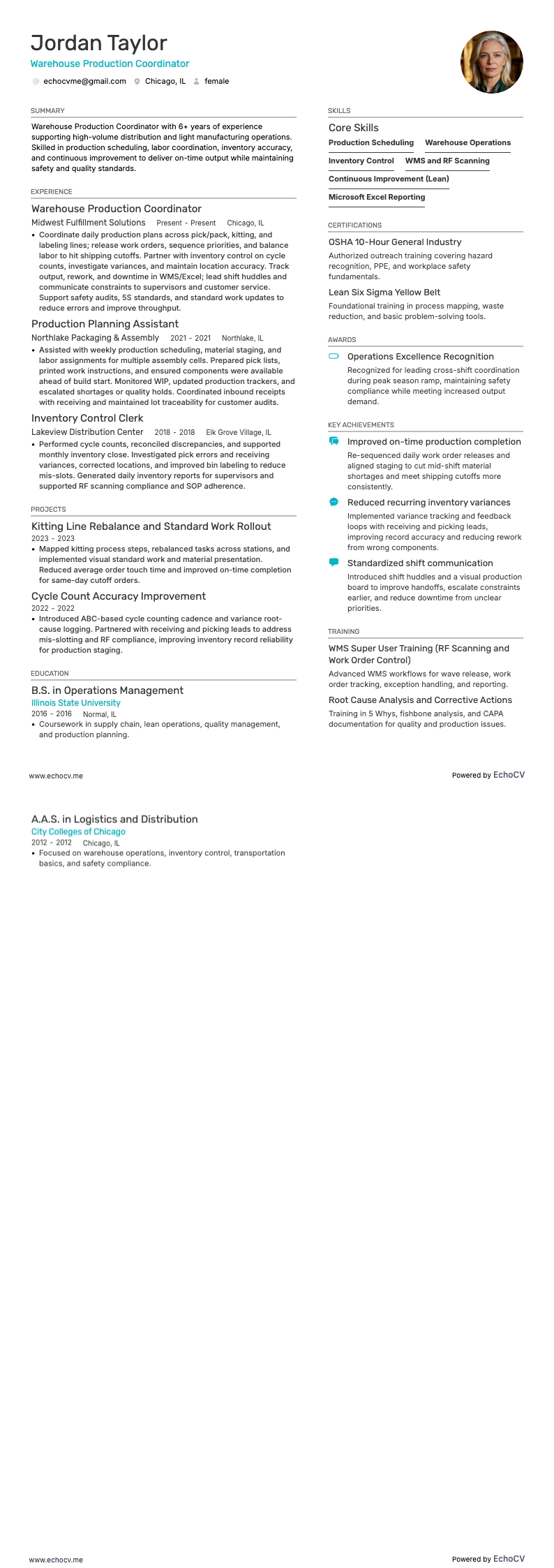 Warehouse Production Coordinator example resume