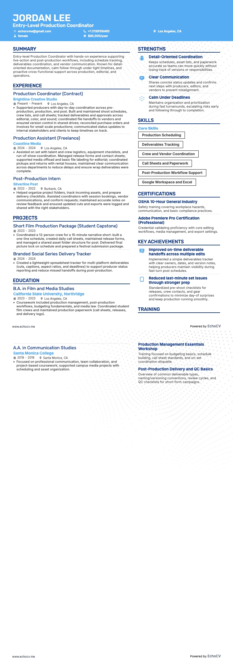 Entry-Level Production Coordinator example resume