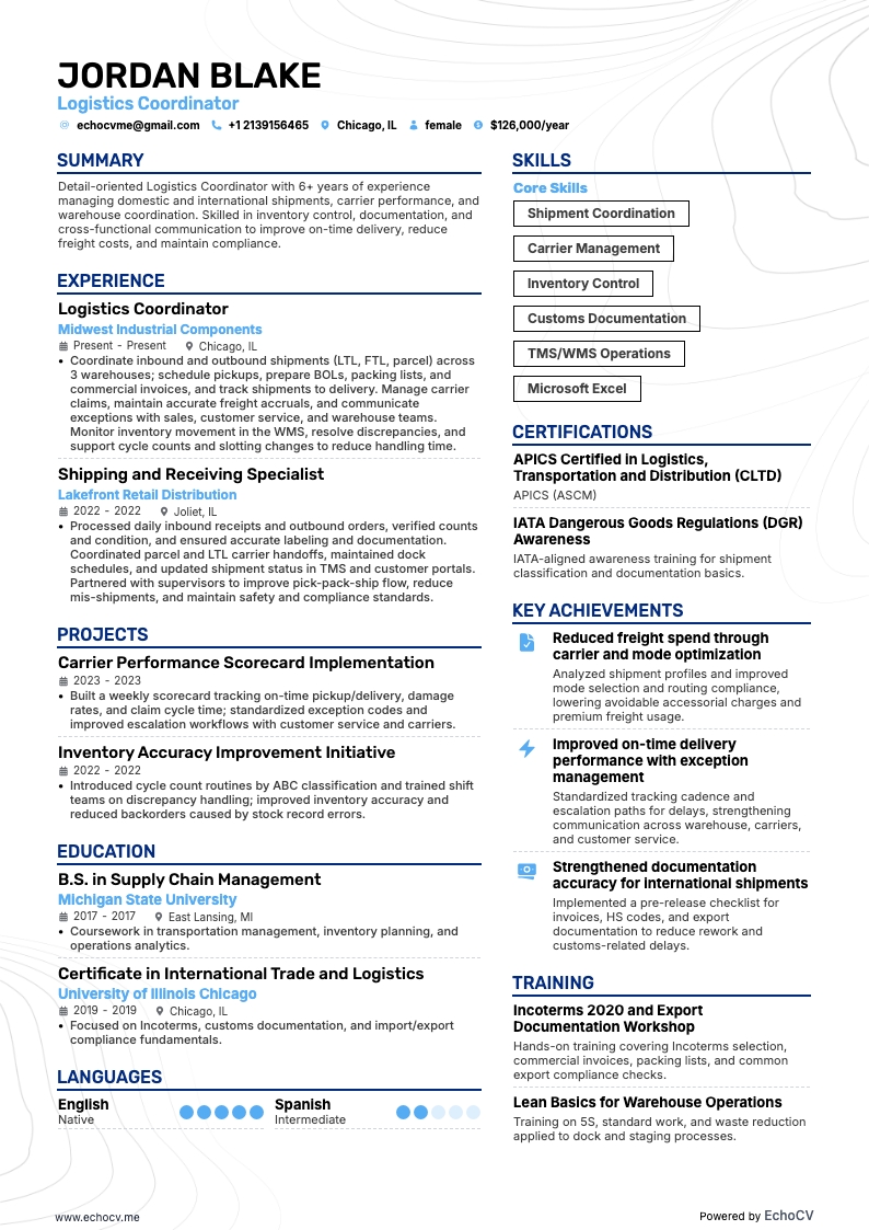 Logistics Coordinator example resume