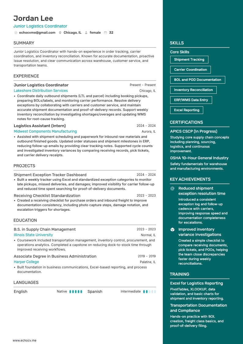 Junior Logistics Coordinator example resume