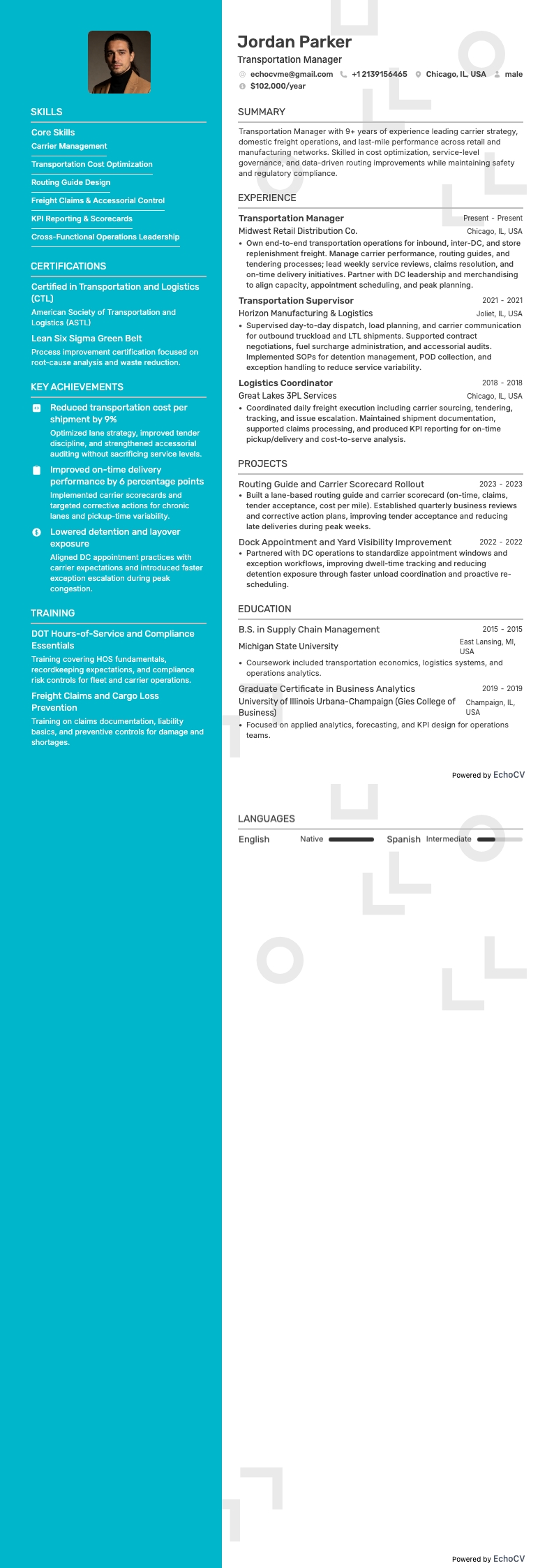 Responsable transport resume example