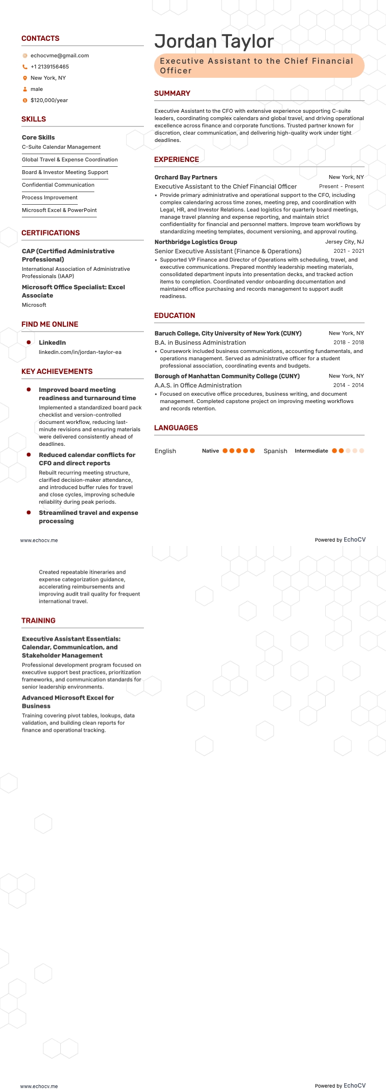 Executive Assistant to the Chief Financial Officer example resume