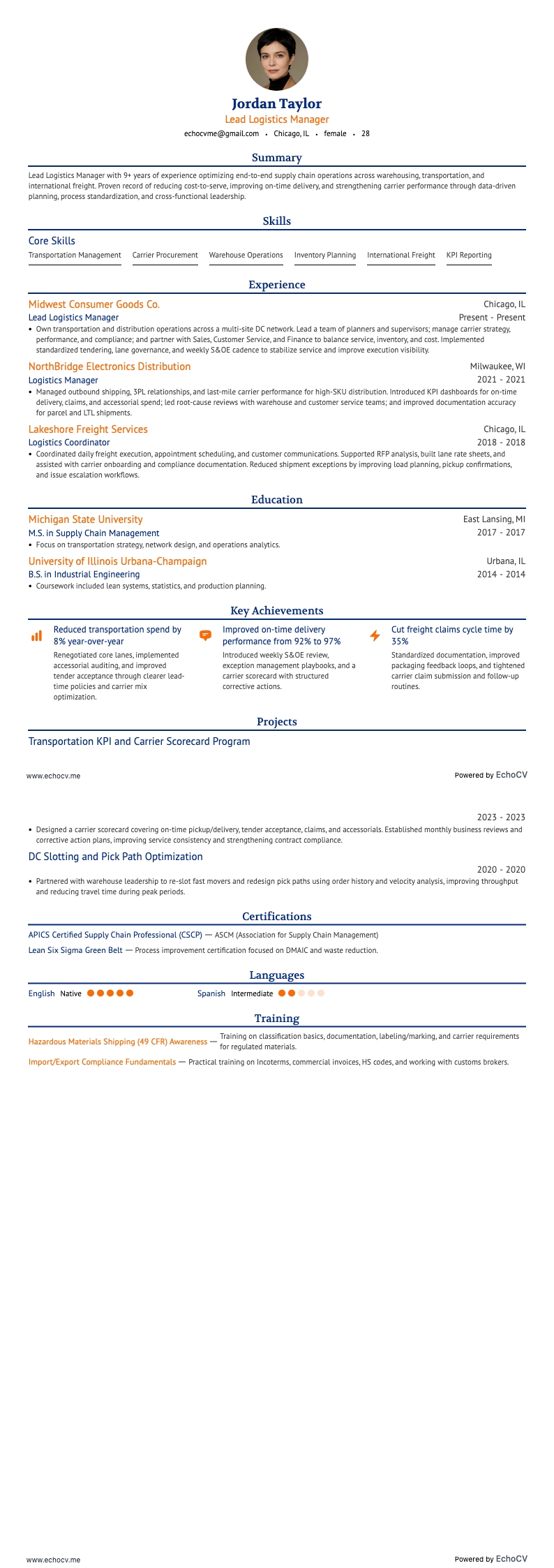 Aperçu complet de Responsable principal de la logistique