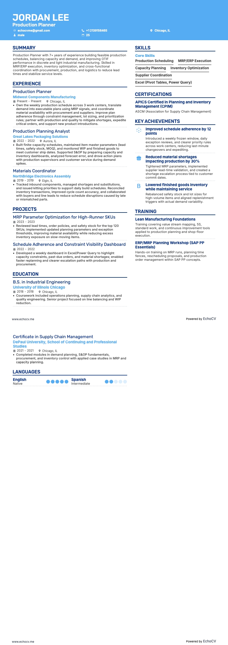 Planejador de produção resume example