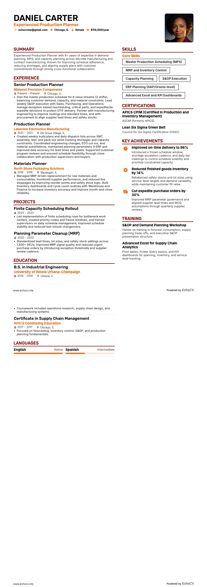 Prévia completa de Planejador de produção experiente