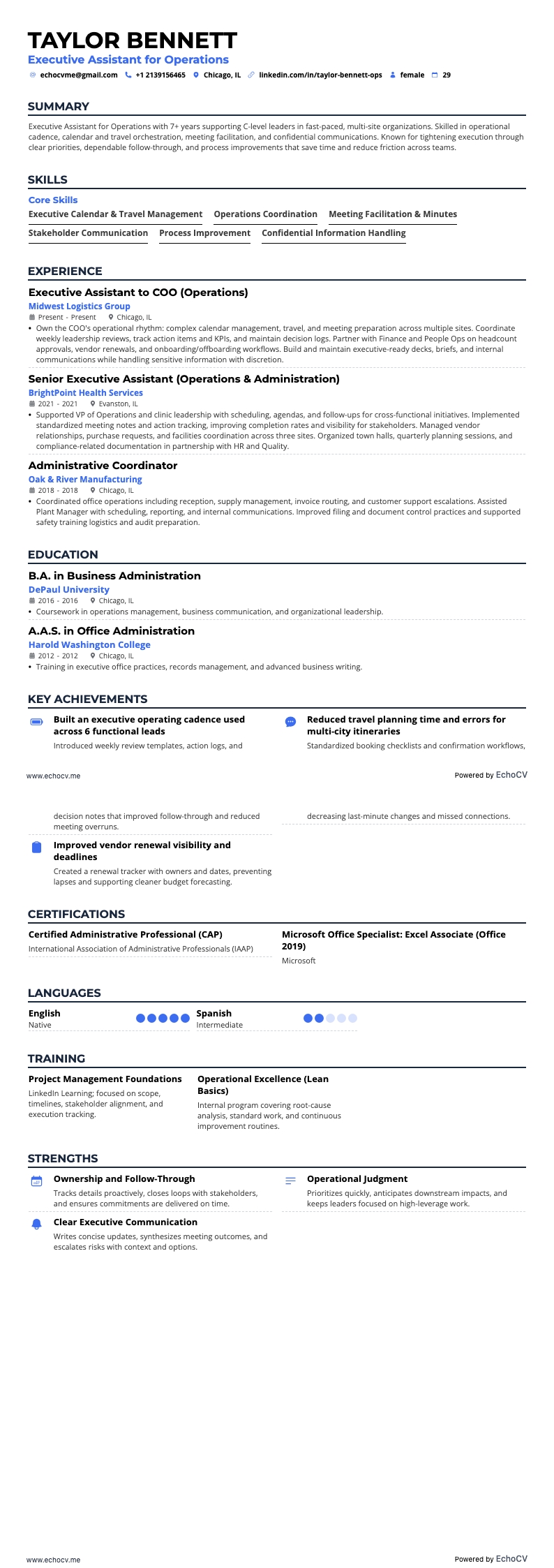 Executive Assistant for Operations example resume