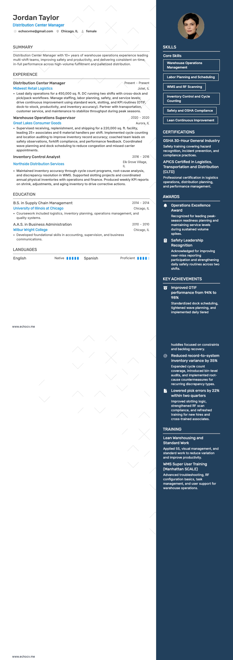 Responsabile del centro di distribuzione example resume