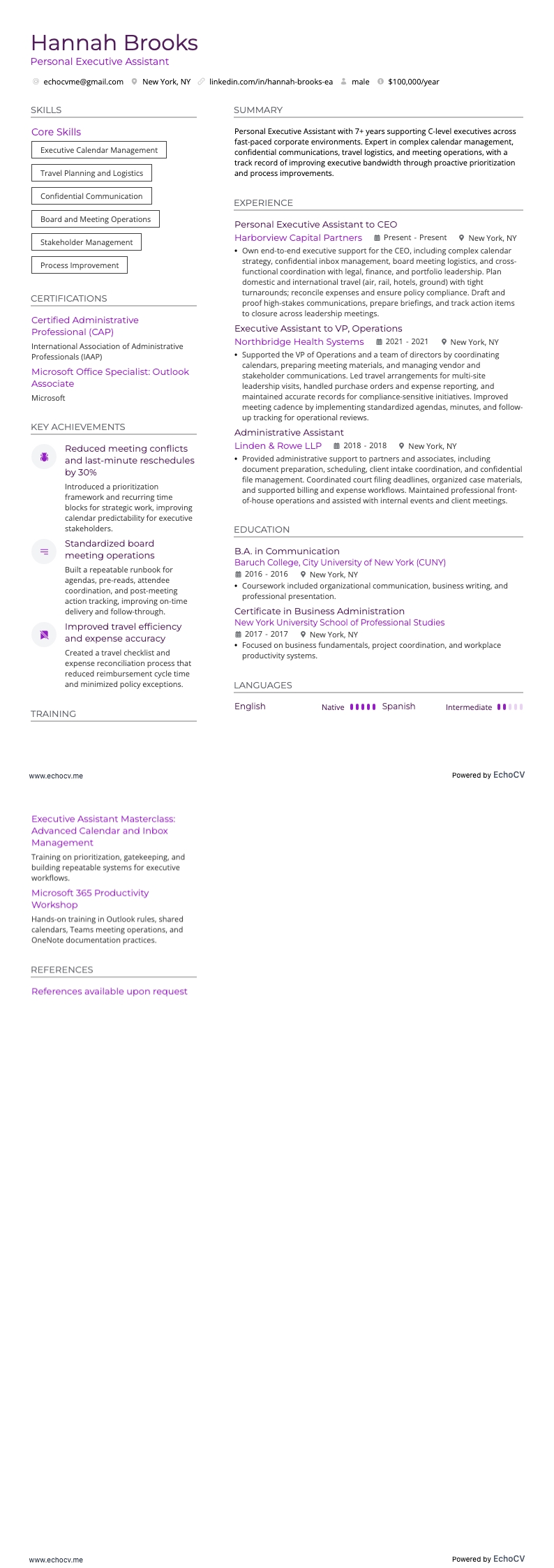 Personal Executive Assistant example resume