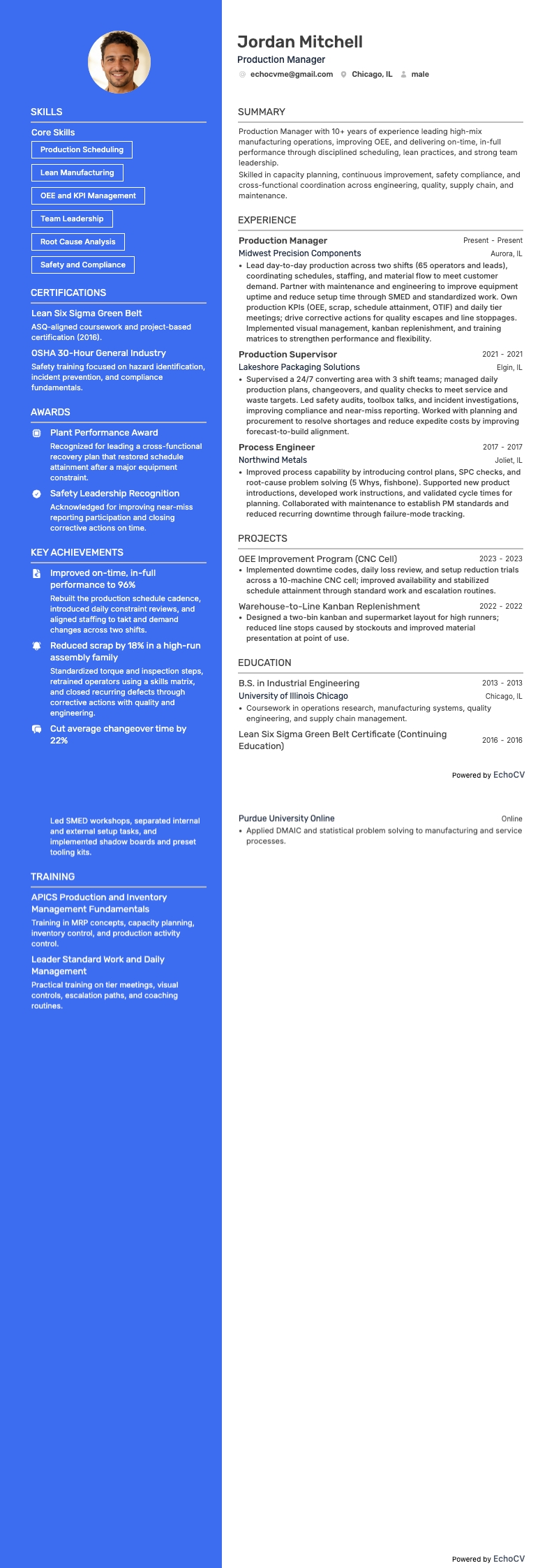 Production Manager example resume