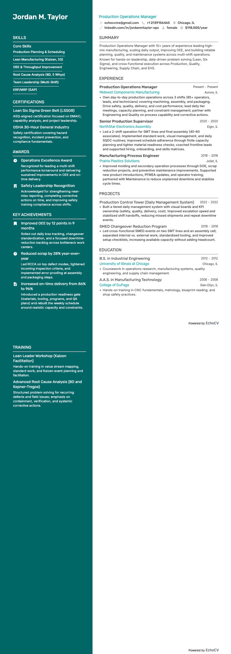 Production Operations Manager example resume