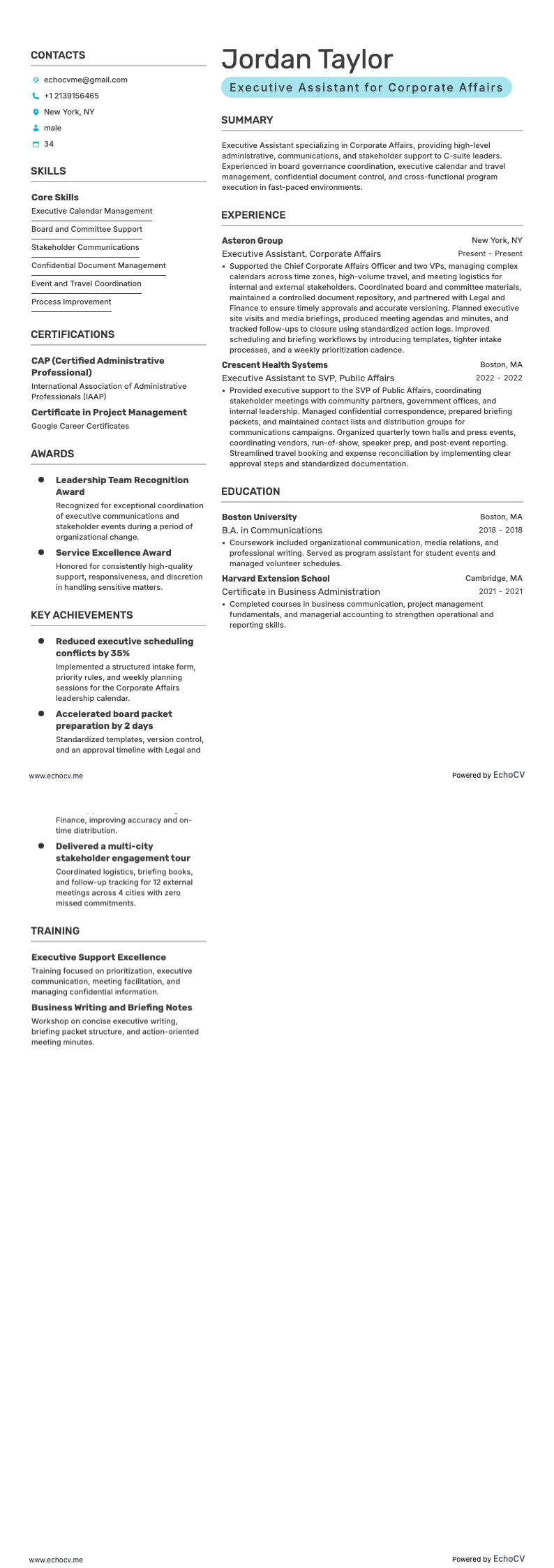 Executive Assistant for Corporate Affairs example resume