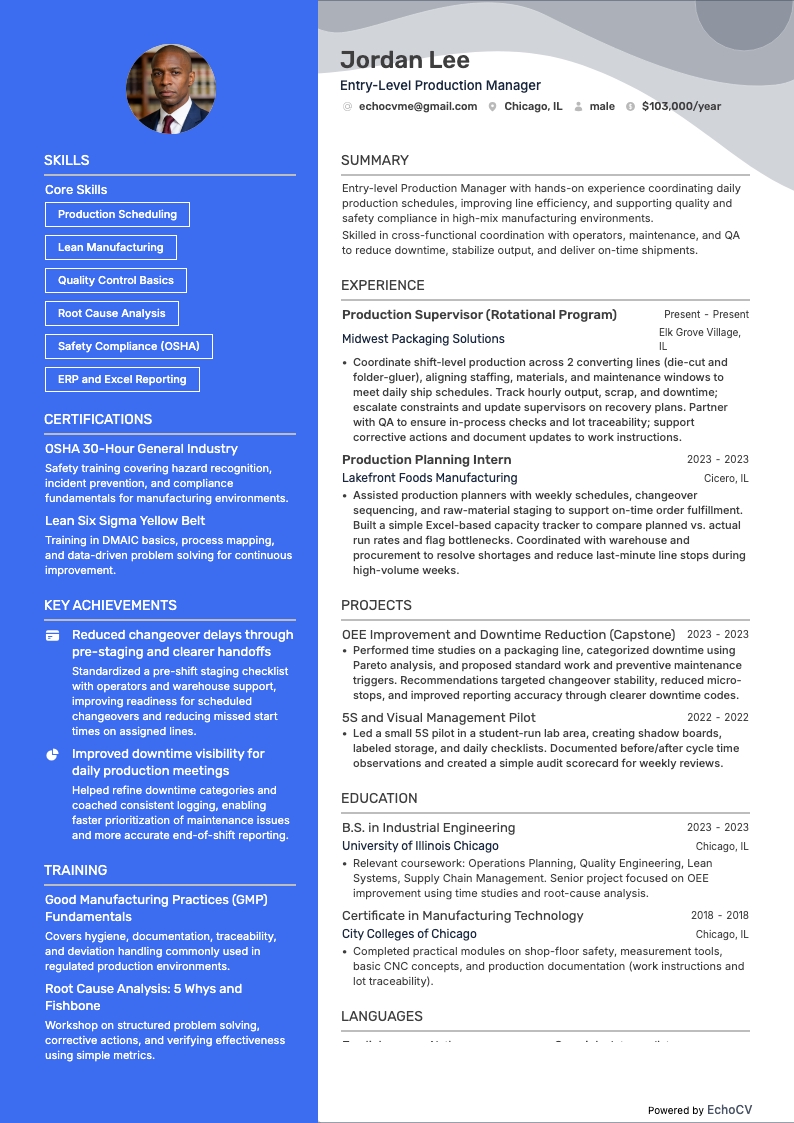 Entry-Level Production Manager example resume