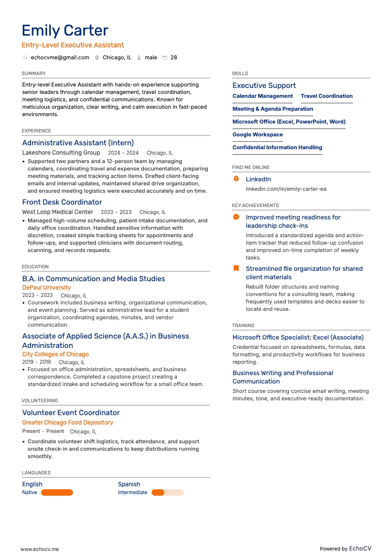 Entry-Level Executive Assistant example resume
