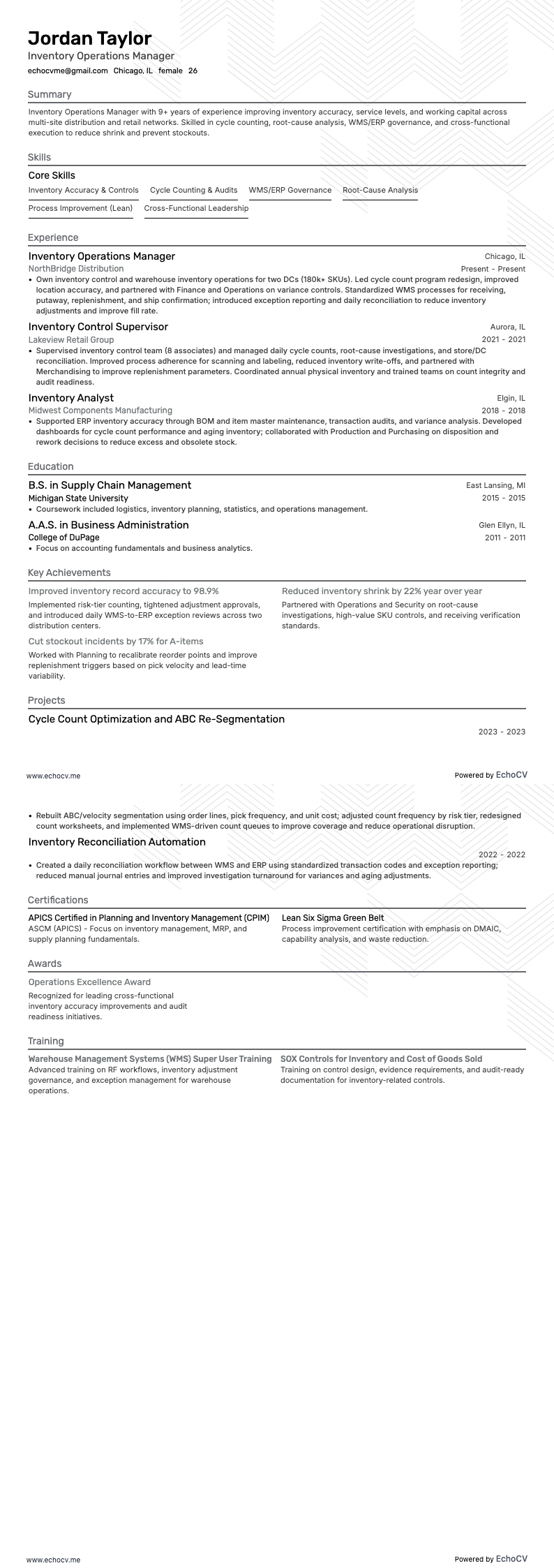 Inventory Operations Manager example resume