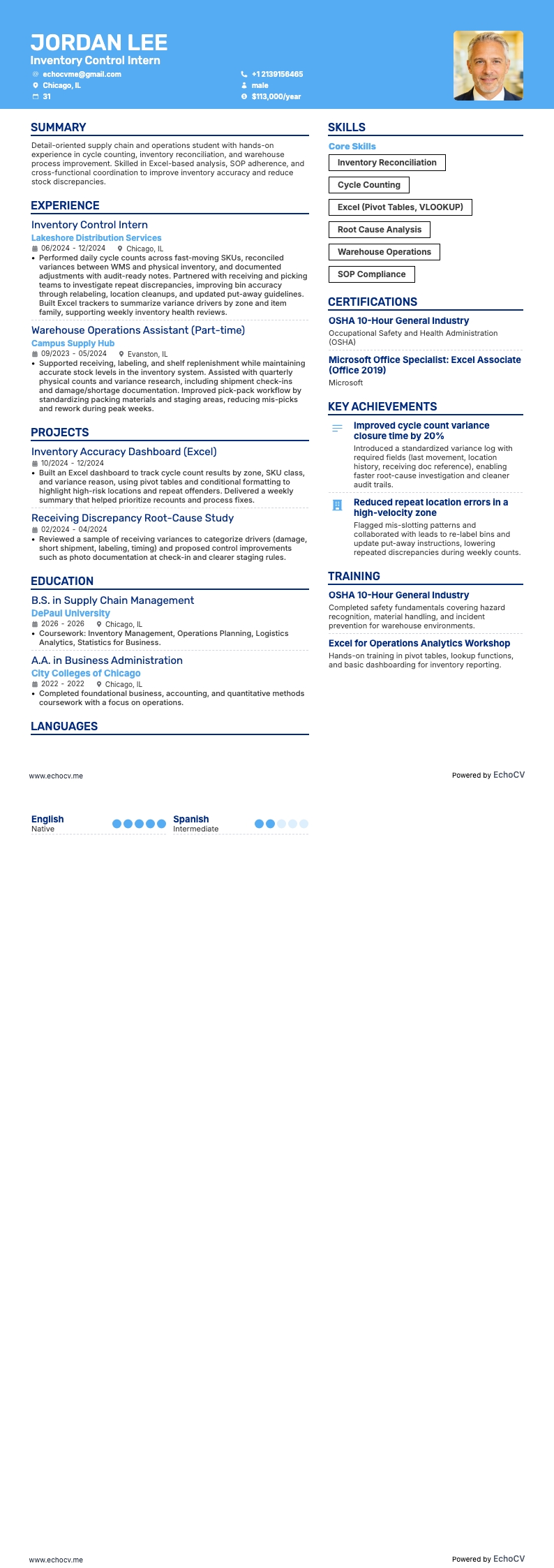 Inventory Control Intern example resume