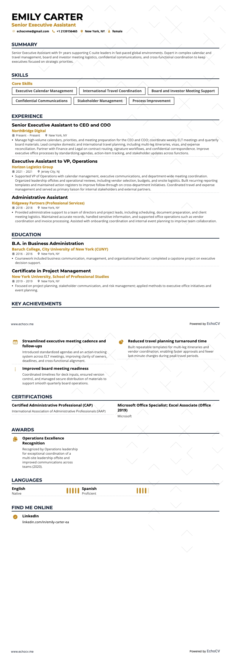 Senior Executive Assistant example resume