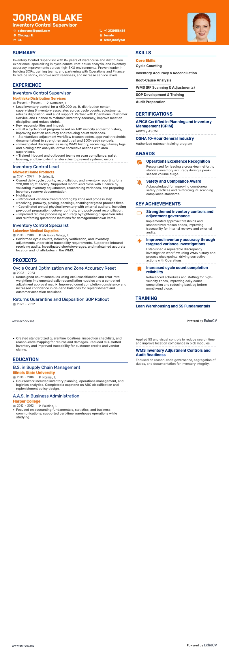 Inventory Control Supervisor example resume