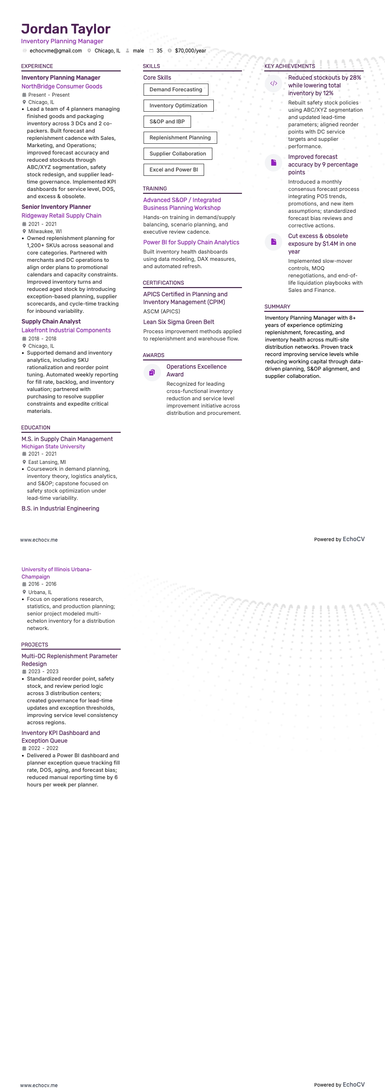 재고 관리자 resume example