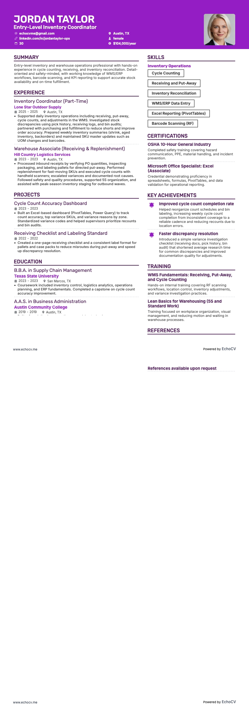 Coordinatore inventario junior example resume