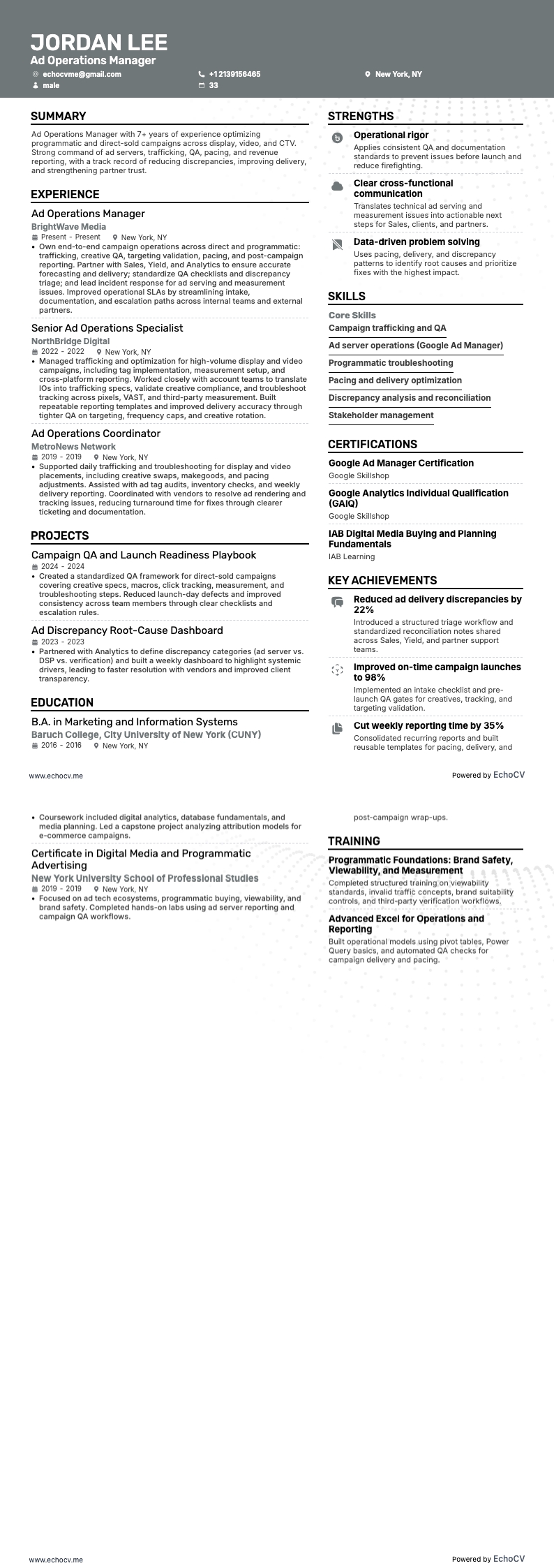 Ad Operations Manager example resume
