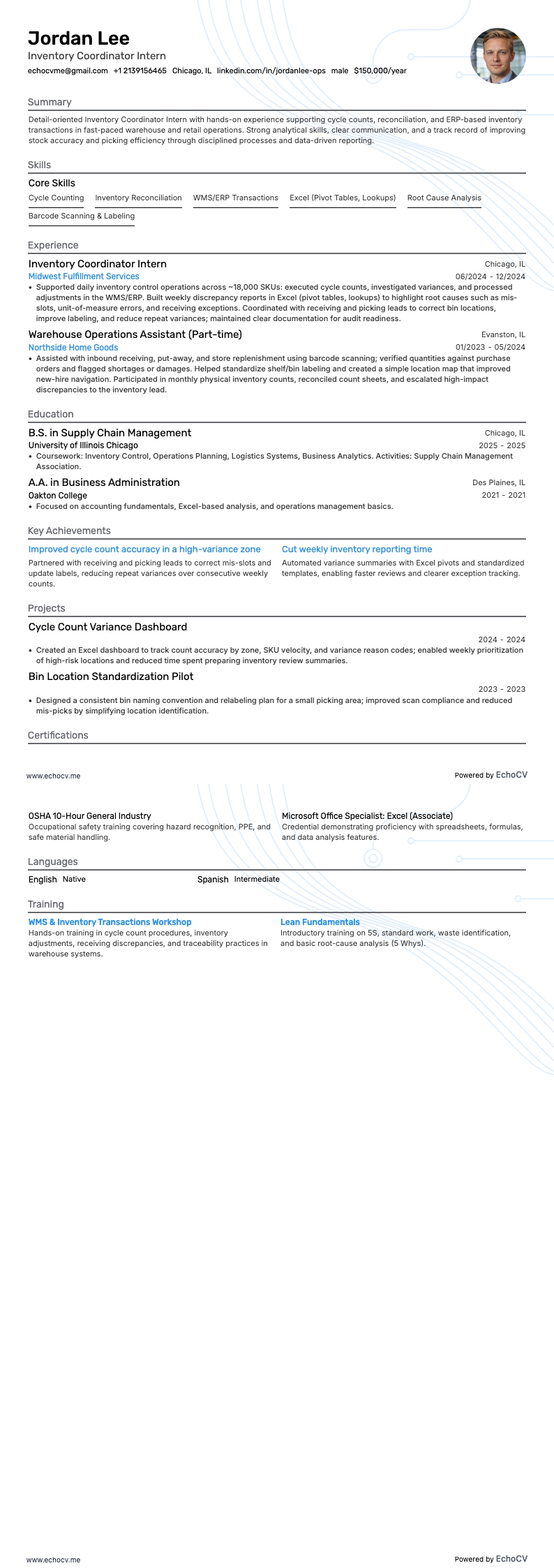 Inventory Coordinator Intern example resume