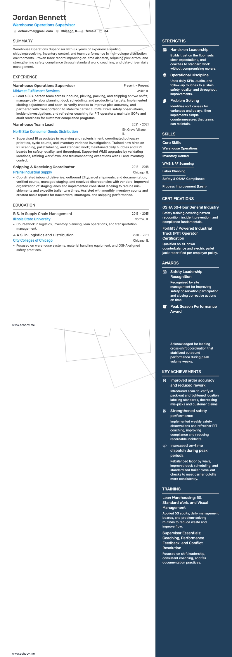 Warehouse Operations Supervisor example resume