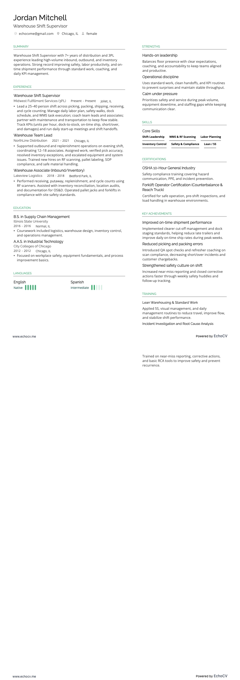 Warehouse Shift Supervisor example resume