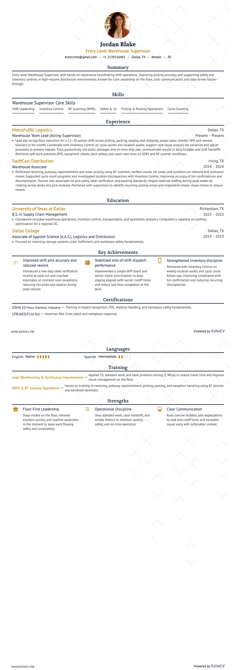 Entry-Level Warehouse Supervisor example resume