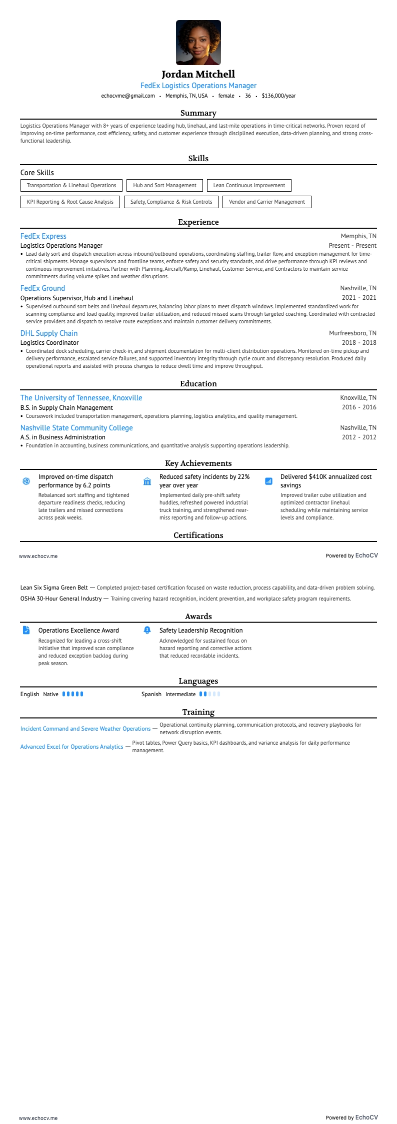Fedex / Logistics Operations Manager example resume