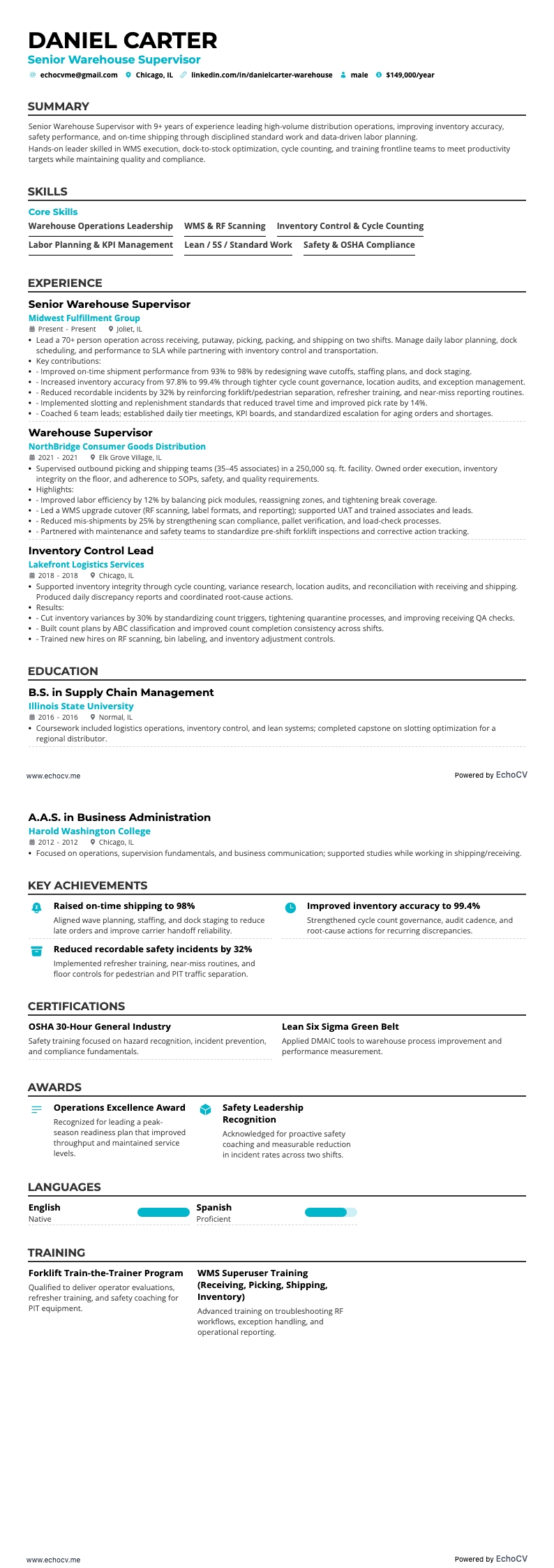 Senior Warehouse Supervisor example resume
