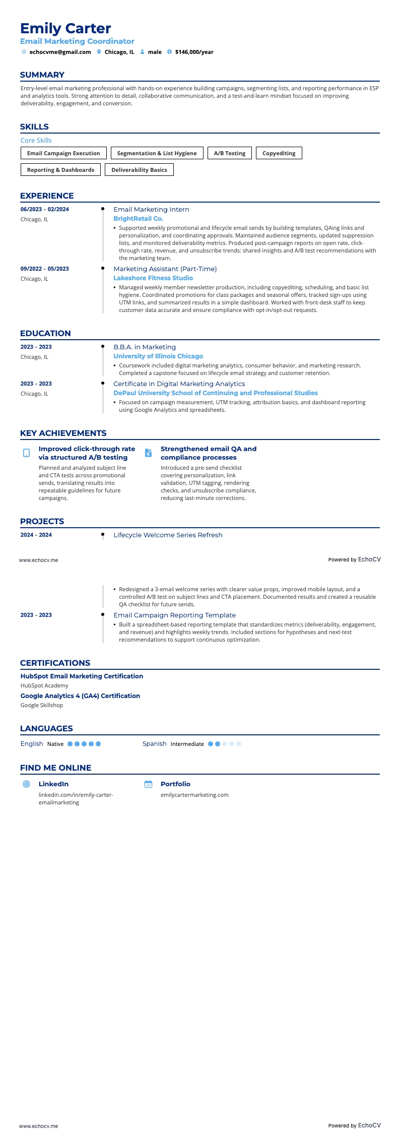 이메일 마케팅 코디네이터 example resume