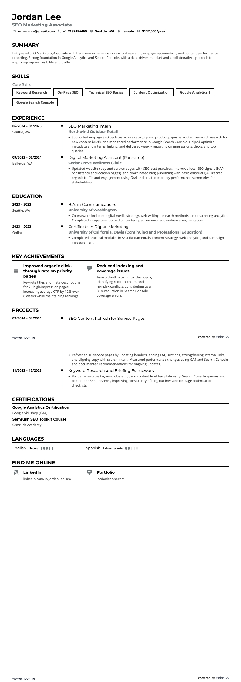 SEO 마케팅 담당자 example resume