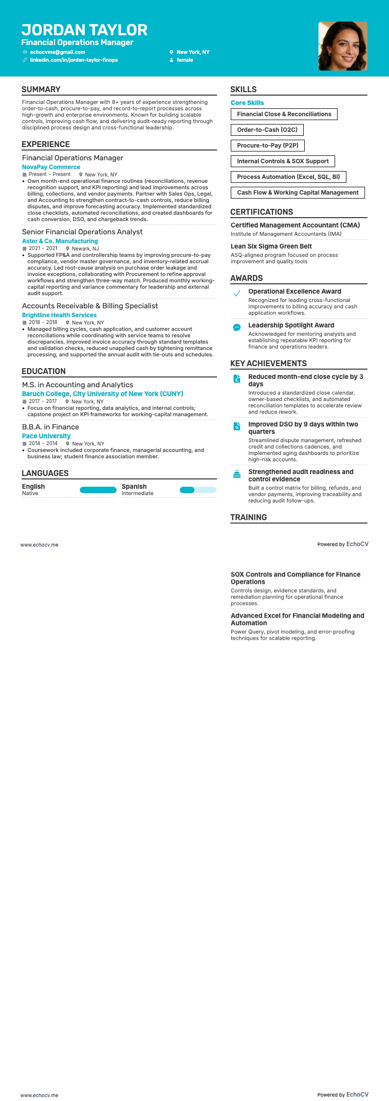 Financial Operations Manager example resume