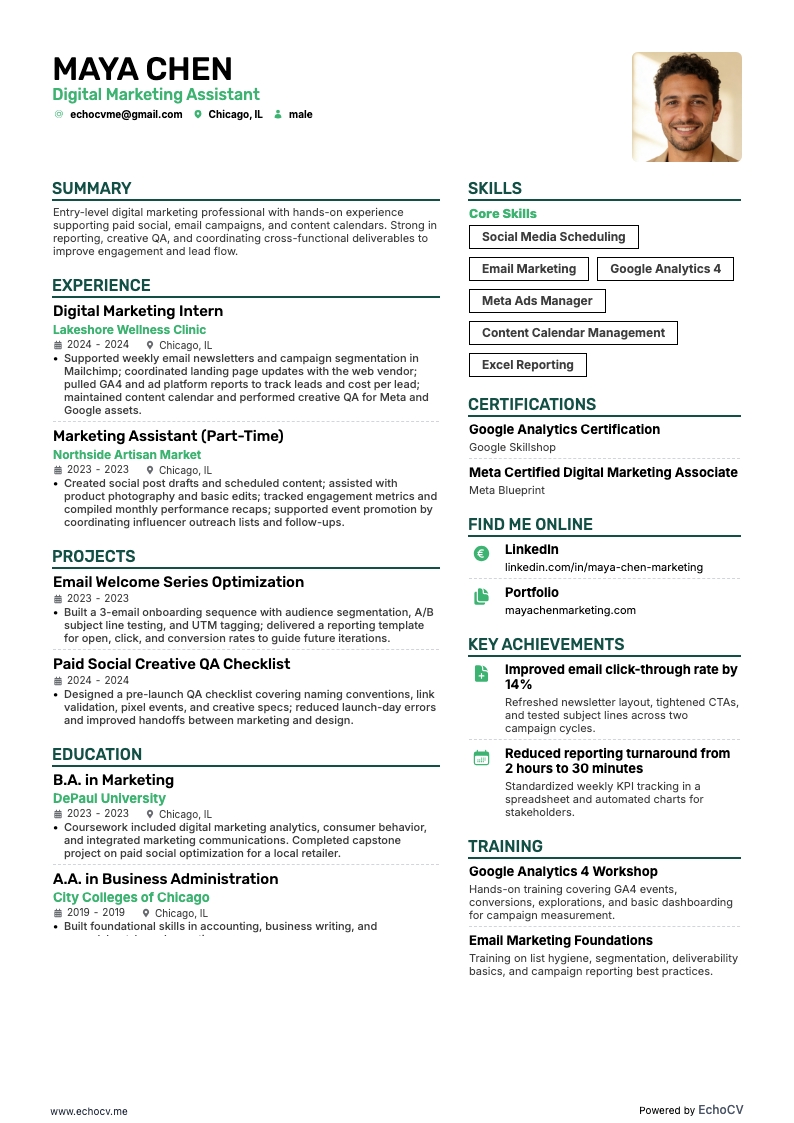 신입 디지털 마케팅 resume example