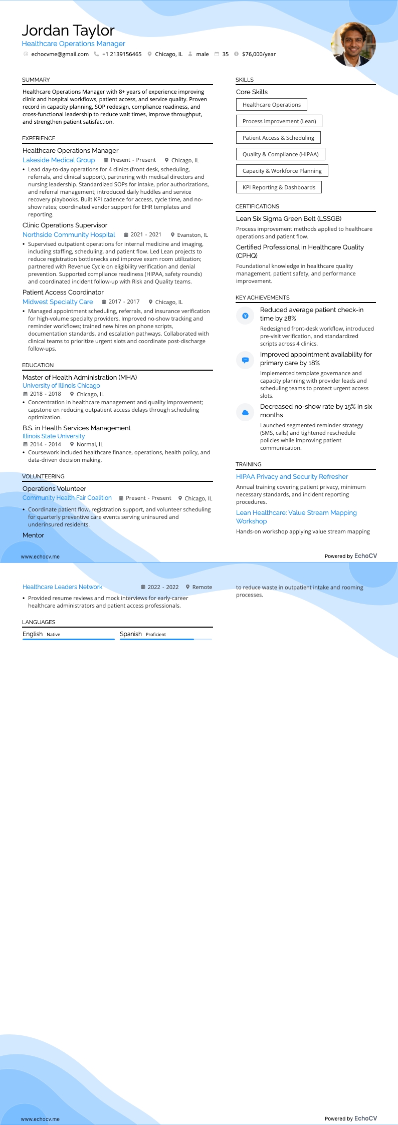 Healthcare Operations Manager example resume