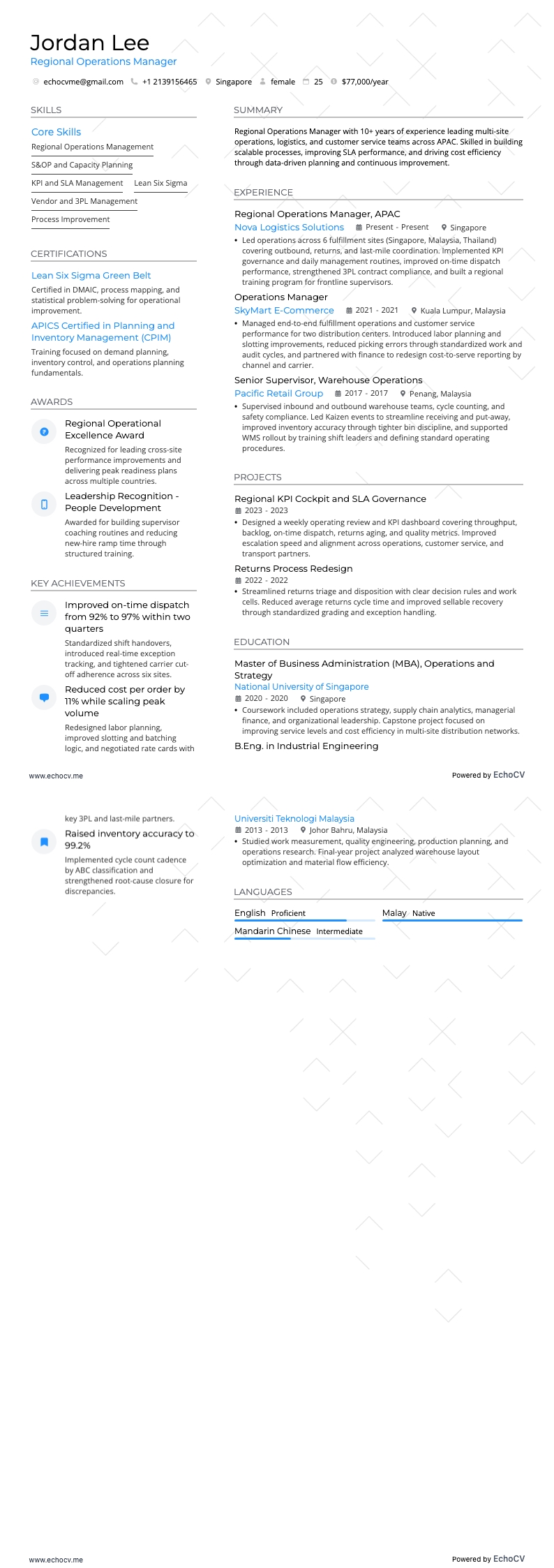 Regional Operations Manager example resume