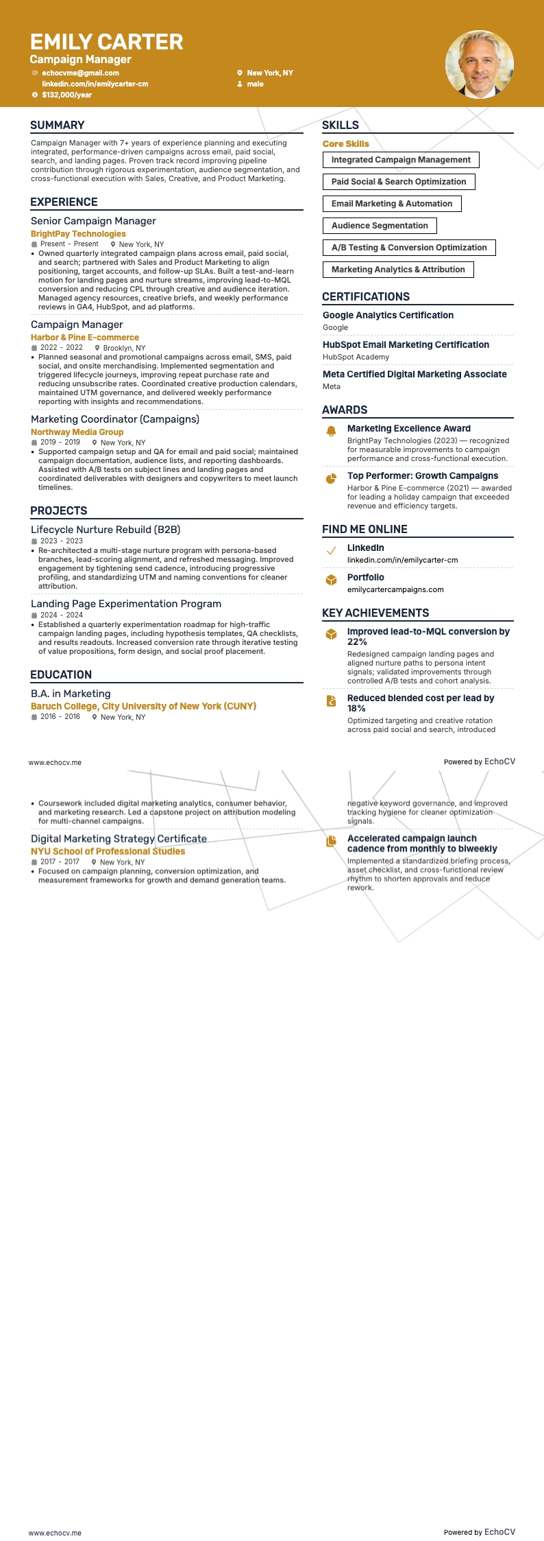 活动经理 example resume