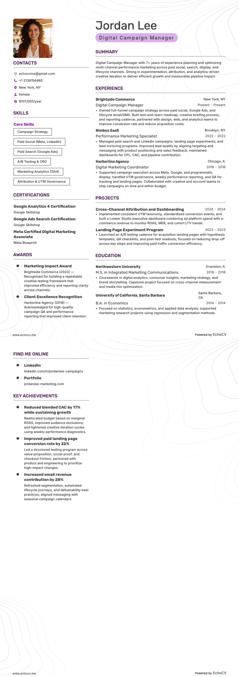 活动经理 resume example