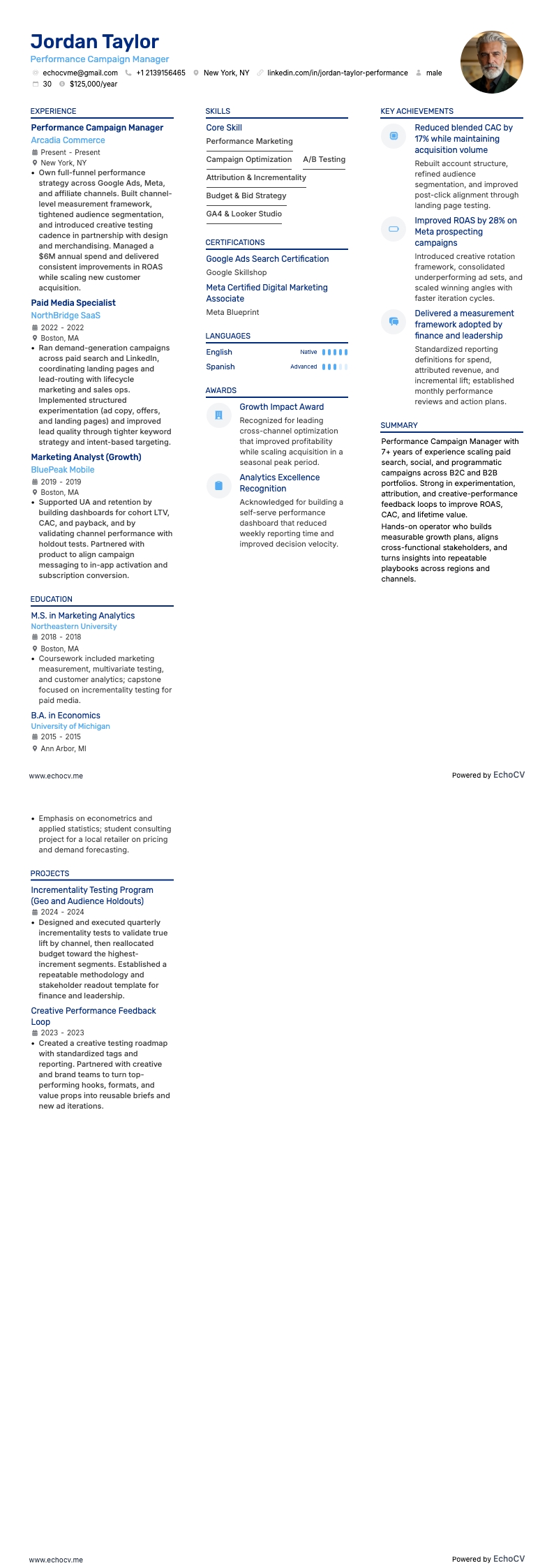 效果营销活动经理 example resume