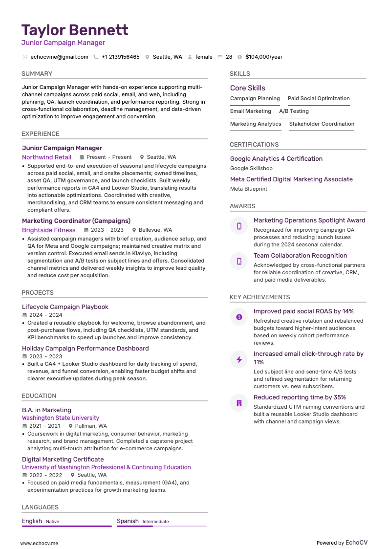 初级活动经理 example resume