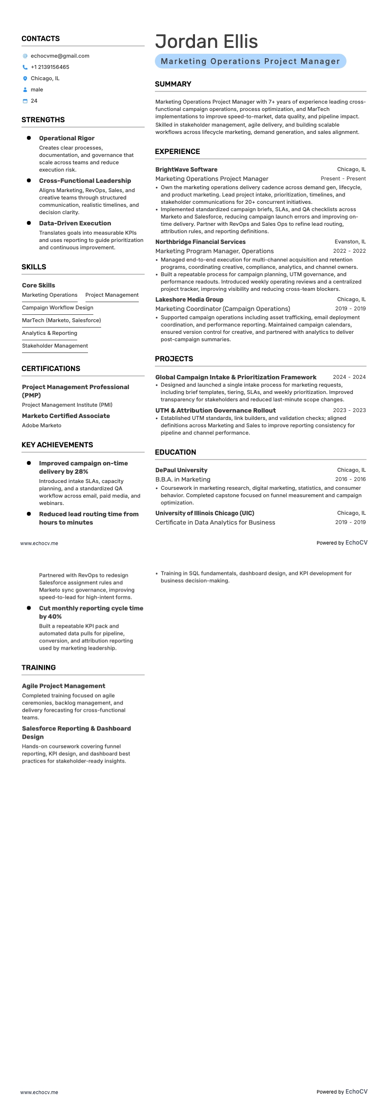 Gerente de Projetos de Operações de Marketing example resume