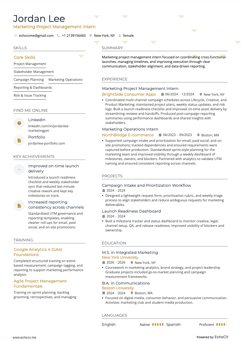 Estagiário de gestão de projetos de marketing example resume