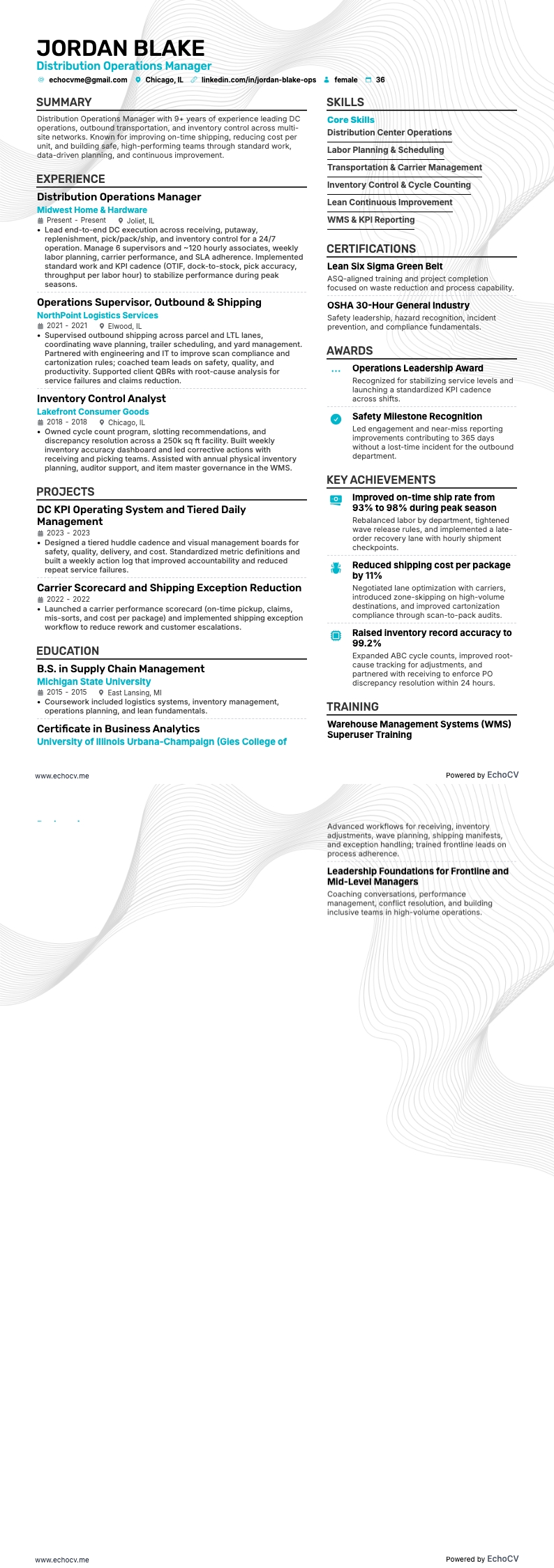 Distribution Operations Manager example resume